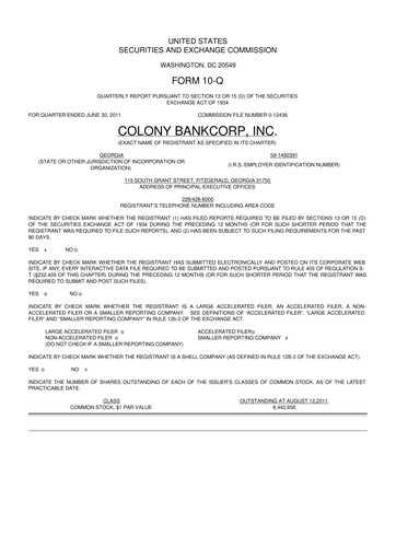 Thumbnail Colony Bankcorp 10-Q Quarterly Report FY2011 