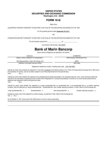 Thumbnail Bank of Marin Bancorp
 10-Q Quarterly Report FY2011 