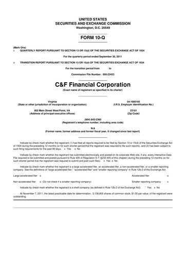 Thumbnail C&F Financial Corporation

 10-Q Quarterly Report FY 
