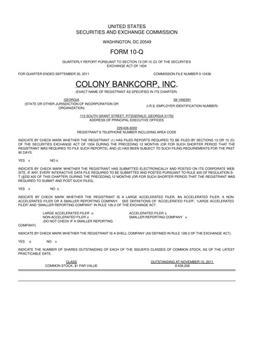 Thumbnail Colony Bankcorp 10-Q Quarterly Report FY2011 
