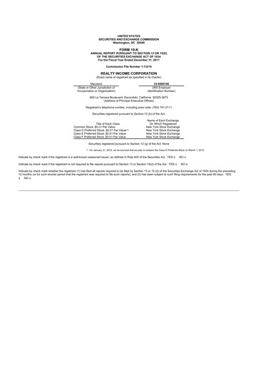 Thumbnail Realty Income 10-K Annual Report 2011