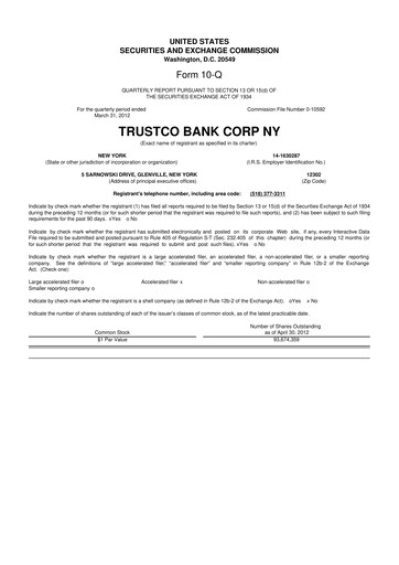Miniature Trustco Bank 10-Q Rapport trimestriel 2012 