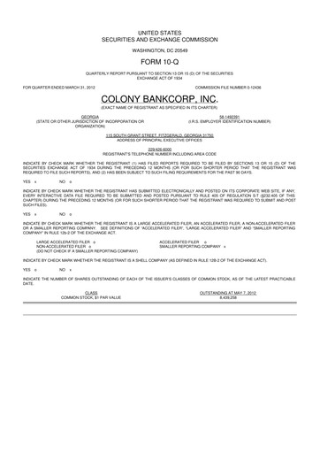 Thumbnail Colony Bankcorp 10-Q Quarterly Report FY2012 