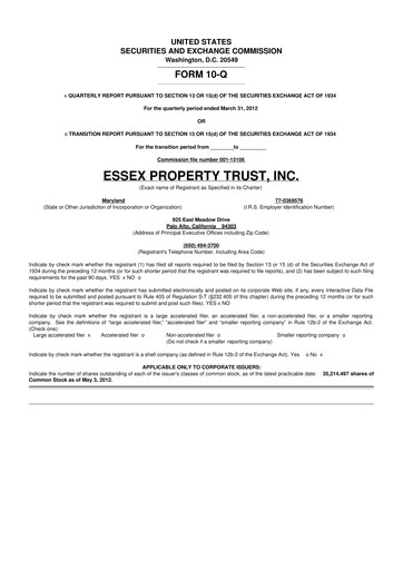 Thumbnail Essex Property Trust
 10-Q Quarterly Report FY2012 