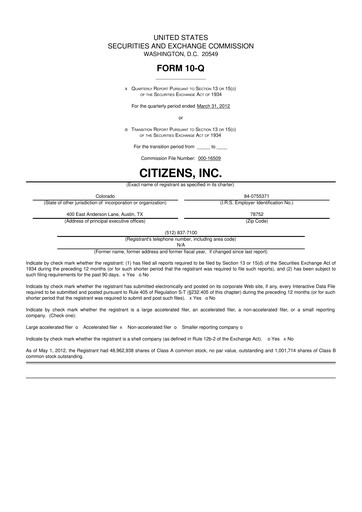Thumbnail Citizens Inc 10-Q Quarterly Report FY 