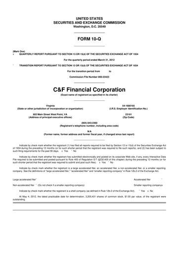 Thumbnail C&F Financial Corporation

 10-Q Quarterly Report FY 
