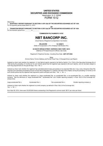 Thumbnail NBT Bancorp 10-Q Quarterly Report FY2012 