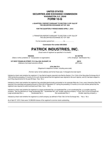 Thumbnail Patrick Industries 10-Q Quarterly Report FY 