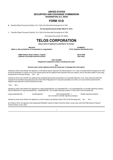 Thumbnail Telos 10-Q Quarterly Report FY2012 