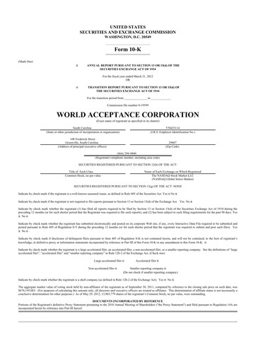 Thumbnail World Acceptance Corporation 10-K Annual Report 2012