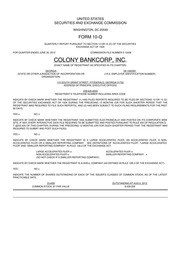Thumbnail Colony Bankcorp 10-Q Quarterly Report FY2012 