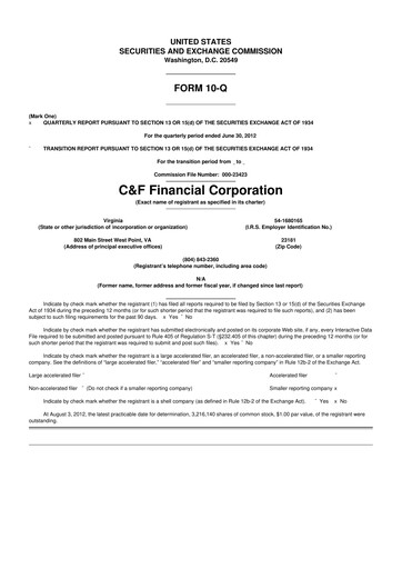 Thumbnail C&F Financial Corporation

 10-Q Quarterly Report FY 