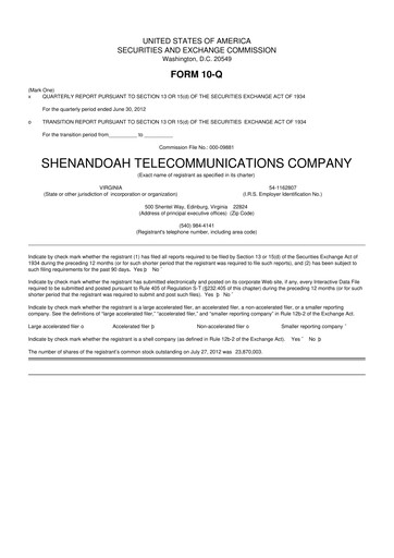 Thumbnail Shentel 10-Q Quarterly Report FY2012 