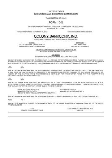 Thumbnail Colony Bankcorp 10-Q Quarterly Report FY2012 
