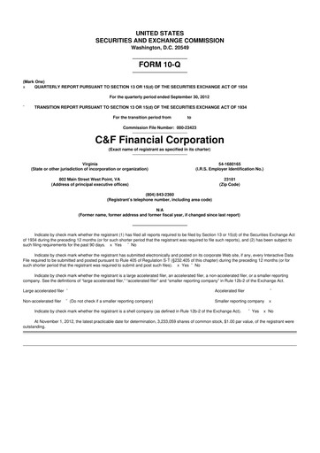 Thumbnail C&F Financial Corporation

 10-Q Quarterly Report FY 
