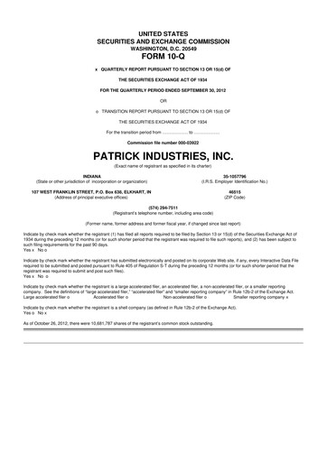 Thumbnail Patrick Industries 10-Q Quarterly Report FY 