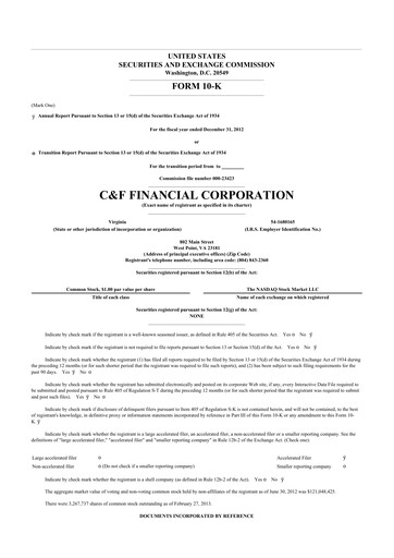 Thumbnail C&F Financial Corporation

 10-K Annual Report 2012