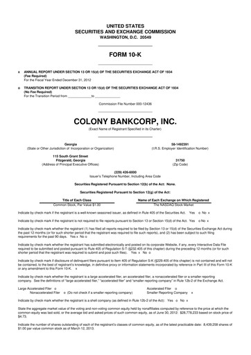 Thumbnail Colony Bankcorp 10-K Annual Report 2012