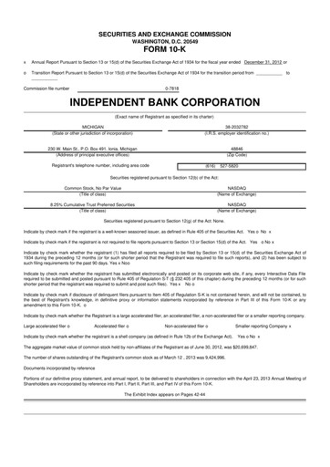 Thumbnail Independent Bank Corporation 10-K Annual Report 2012