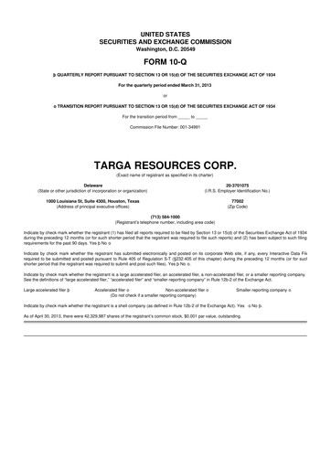 Thumbnail Targa Resources
 10-Q Quarterly Report FY2013 