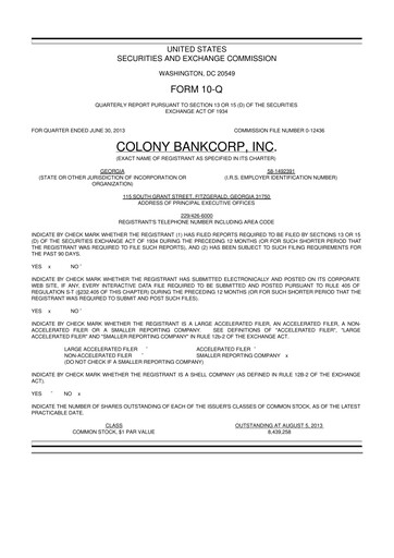 Thumbnail Colony Bankcorp 10-Q Quarterly Report FY2013 