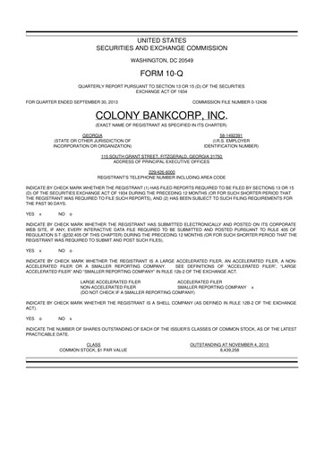 Thumbnail Colony Bankcorp 10-Q Quarterly Report FY2013 