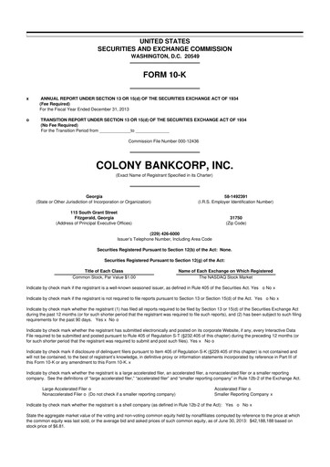 Thumbnail Colony Bankcorp 10-K Annual Report 2013