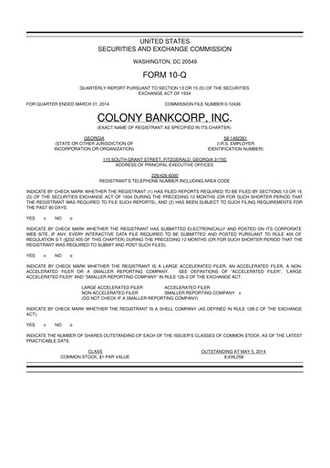 Thumbnail Colony Bankcorp 10-Q Quarterly Report FY2014 