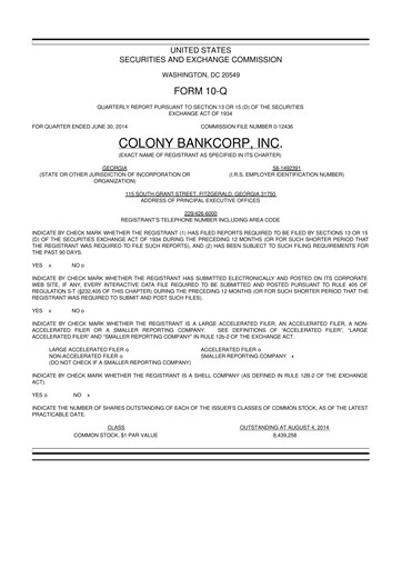 Thumbnail Colony Bankcorp 10-Q Quarterly Report FY2014 