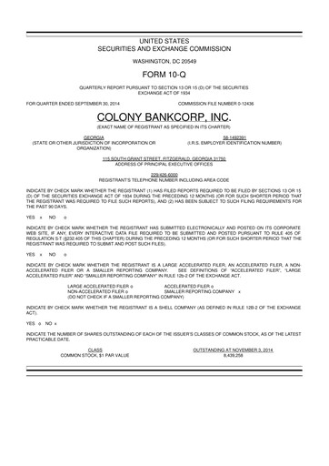 Thumbnail Colony Bankcorp 10-Q Quarterly Report FY2014 