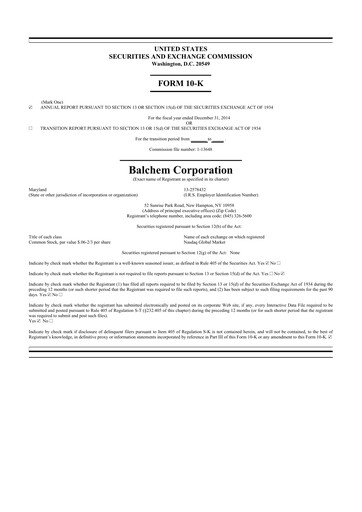 Thumbnail Balchem 10-K Annual Report 2014