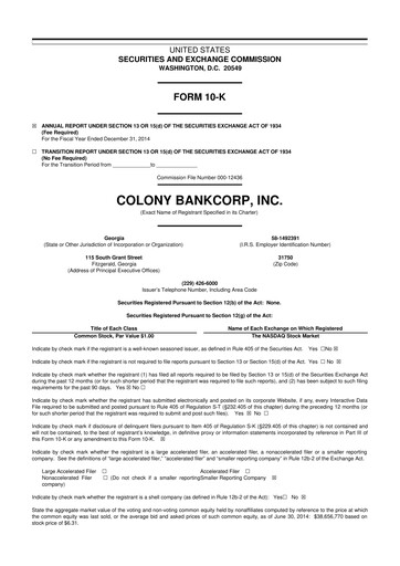 Thumbnail Colony Bankcorp 10-K Annual Report 2014