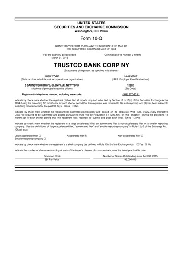 Miniature Trustco Bank 10-Q Rapport trimestriel 2015 