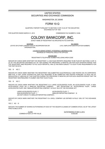 Thumbnail Colony Bankcorp 10-Q Quarterly Report FY2015 