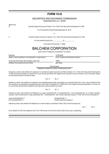 Thumbnail Balchem 10-Q Quarterly Report FY2015 