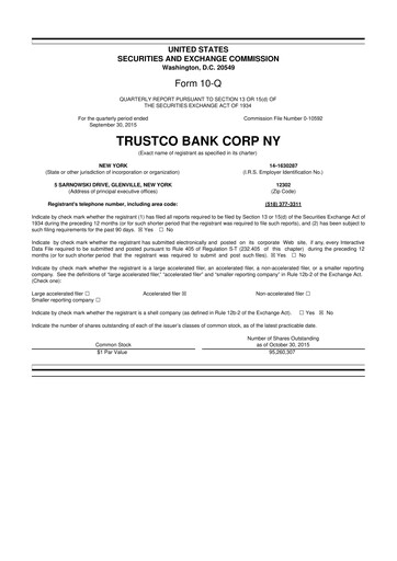 Miniature Trustco Bank 10-Q Rapport trimestriel 2015 