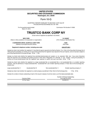 Miniature Trustco Bank 10-Q Rapport trimestriel 2016 
