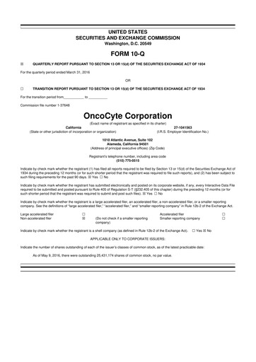 Miniature OncoCyte
 10-Q Rapport trimestriel 2016 