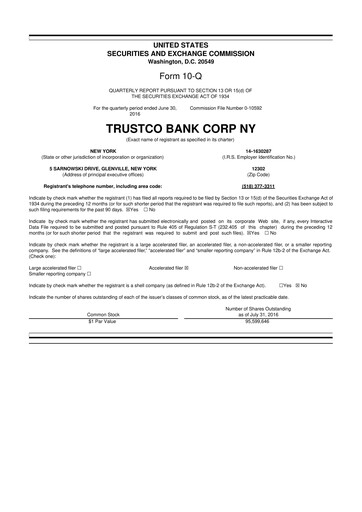 Miniature Trustco Bank 10-Q Rapport trimestriel 2016 