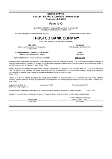 Miniature Trustco Bank 10-Q Rapport trimestriel 2016 