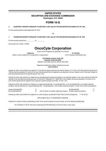 Miniature OncoCyte
 10-Q Rapport trimestriel 2016 