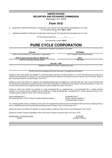 Thumbnail Pure Cycle (water) 10-Q Quarterly Report FY2018 