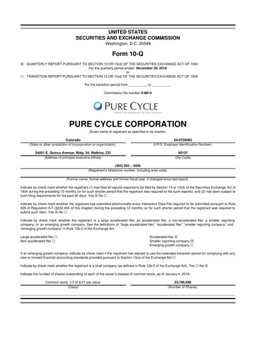 Thumbnail Pure Cycle (water) 10-Q Quarterly Report FY2019 