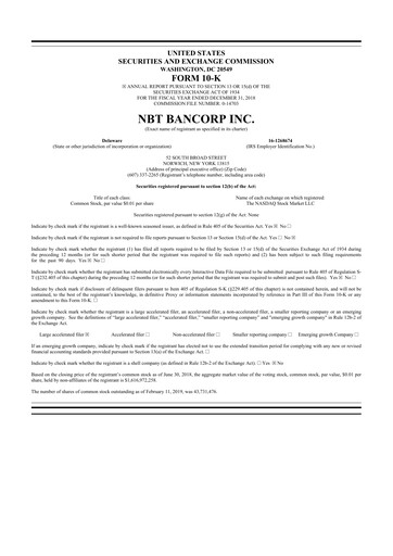 Thumbnail NBT Bancorp 10-K Annual Report 2018