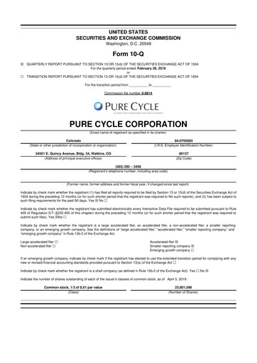 Thumbnail Pure Cycle (water) 10-Q Quarterly Report FY2019 