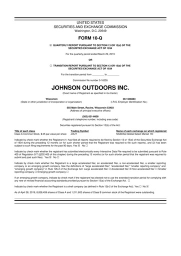 Miniature Johnson Outdoors
 10-Q Rapport trimestriel 2019 