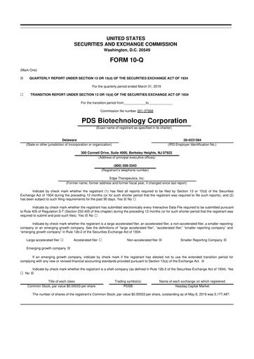 Miniature PDS Biotechnology
 10-Q Rapport trimestriel 2019 