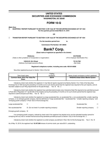 Miniature Bank7 10-Q Rapport trimestriel 2019 
