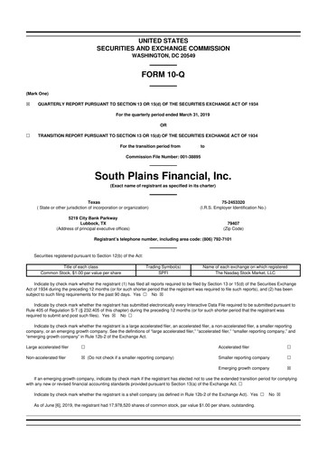 Thumbnail South Plains Financial 10-Q Quarterly Report FY2019 