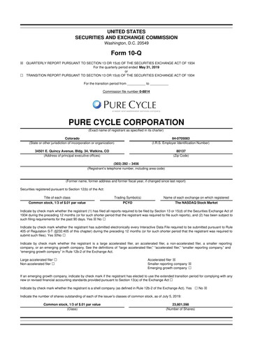 Thumbnail Pure Cycle (water) 10-Q Quarterly Report FY2019 